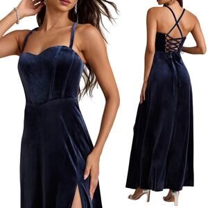 Lulus Velvet Lace Up Bustier Maxi Dress Gown Corset Back Dark Slate Blue NEW L